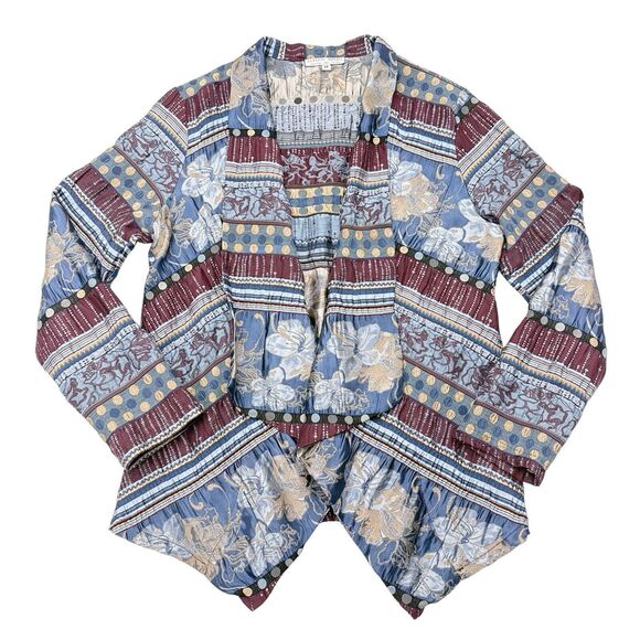 Alberto Makali Jacket Womens Size Medium Red Blue Open Front Satin Floral Stripe - Picture 1 of 8